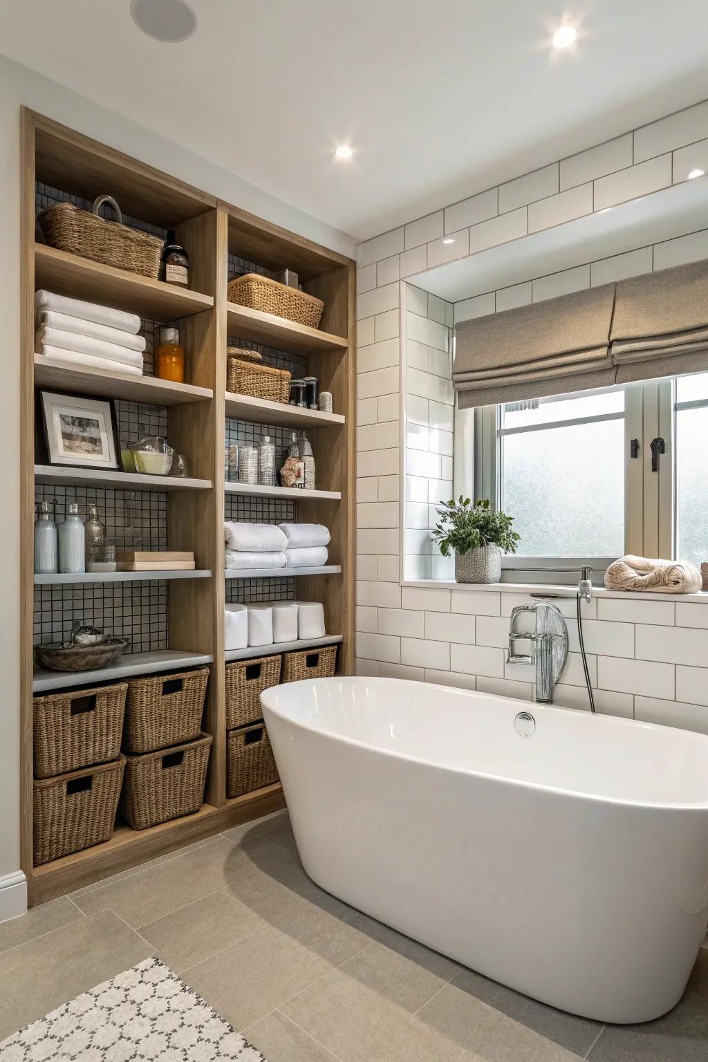 Combine style and functionality with built-in storage around your bathtub.