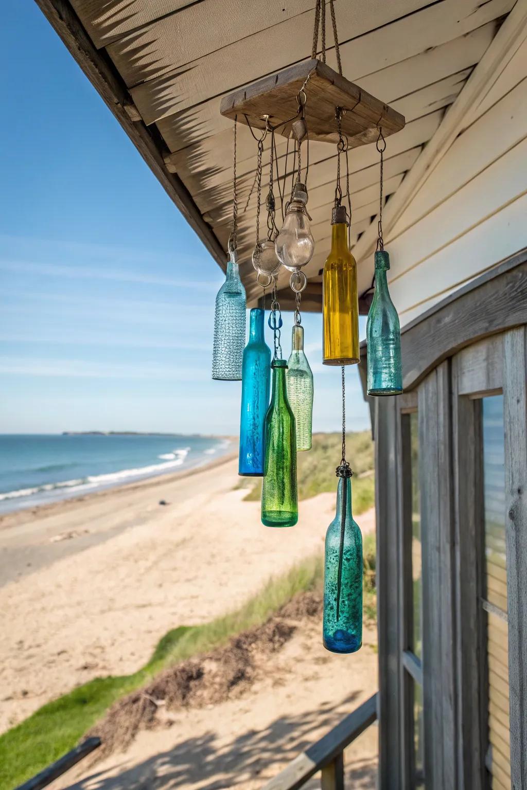 Glass bottle wind chimes add a musical charm to the beach shed.