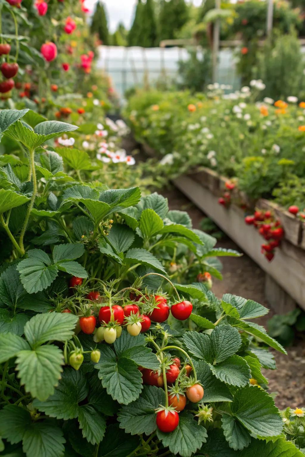 A lush garden filled with strawberries and cherry tomatoes, blending beauty with function.