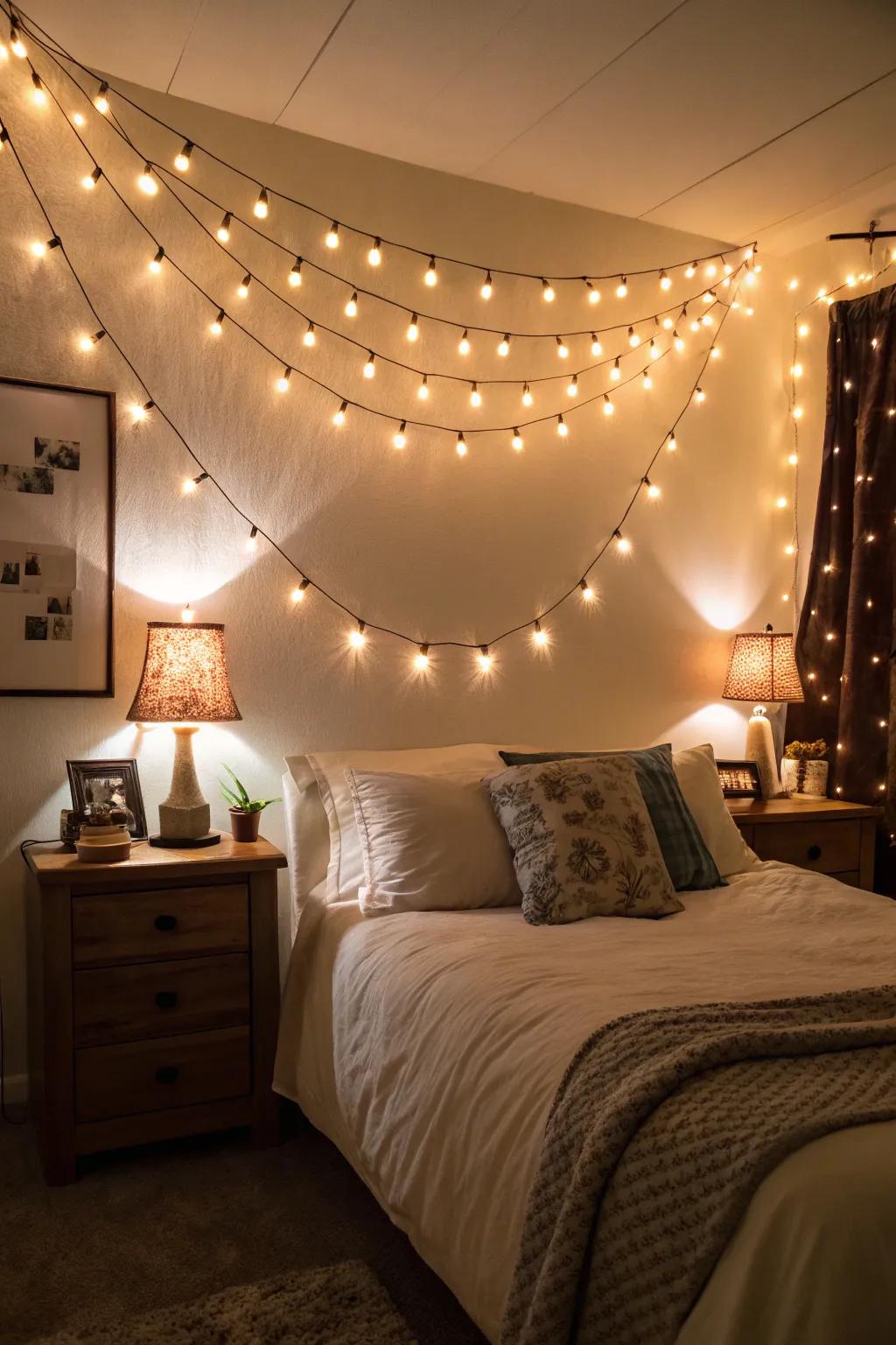 Ambient lighting creates a warm and inviting atmosphere in this bedroom.