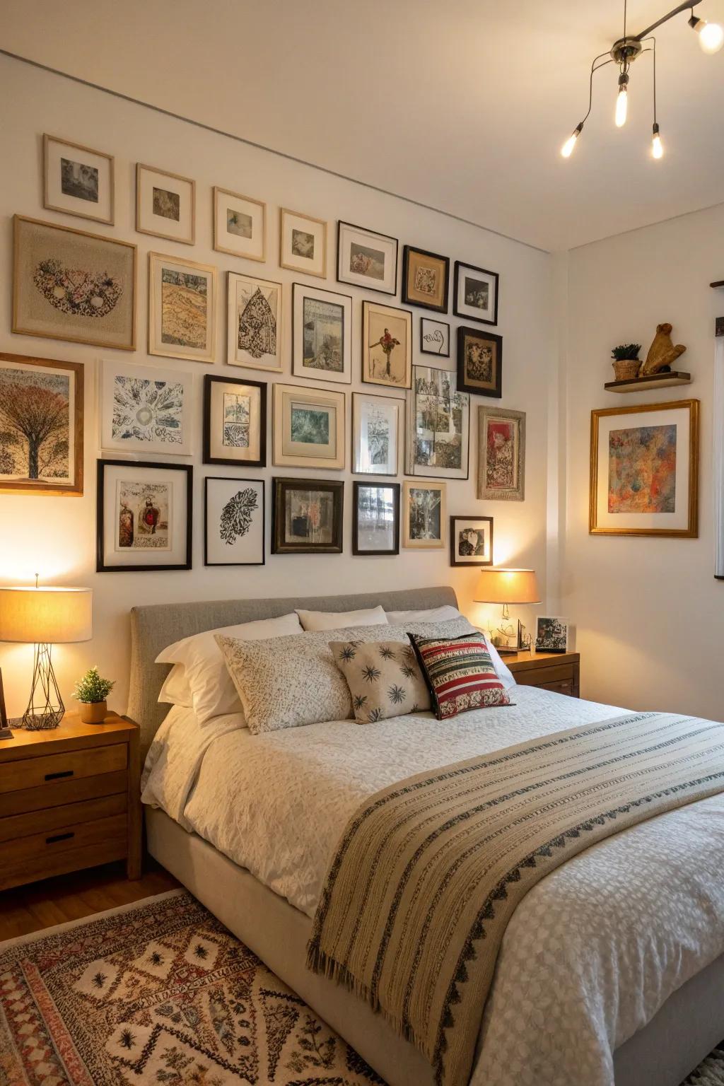 A bedroom brought to life by a personal collection of artwork.