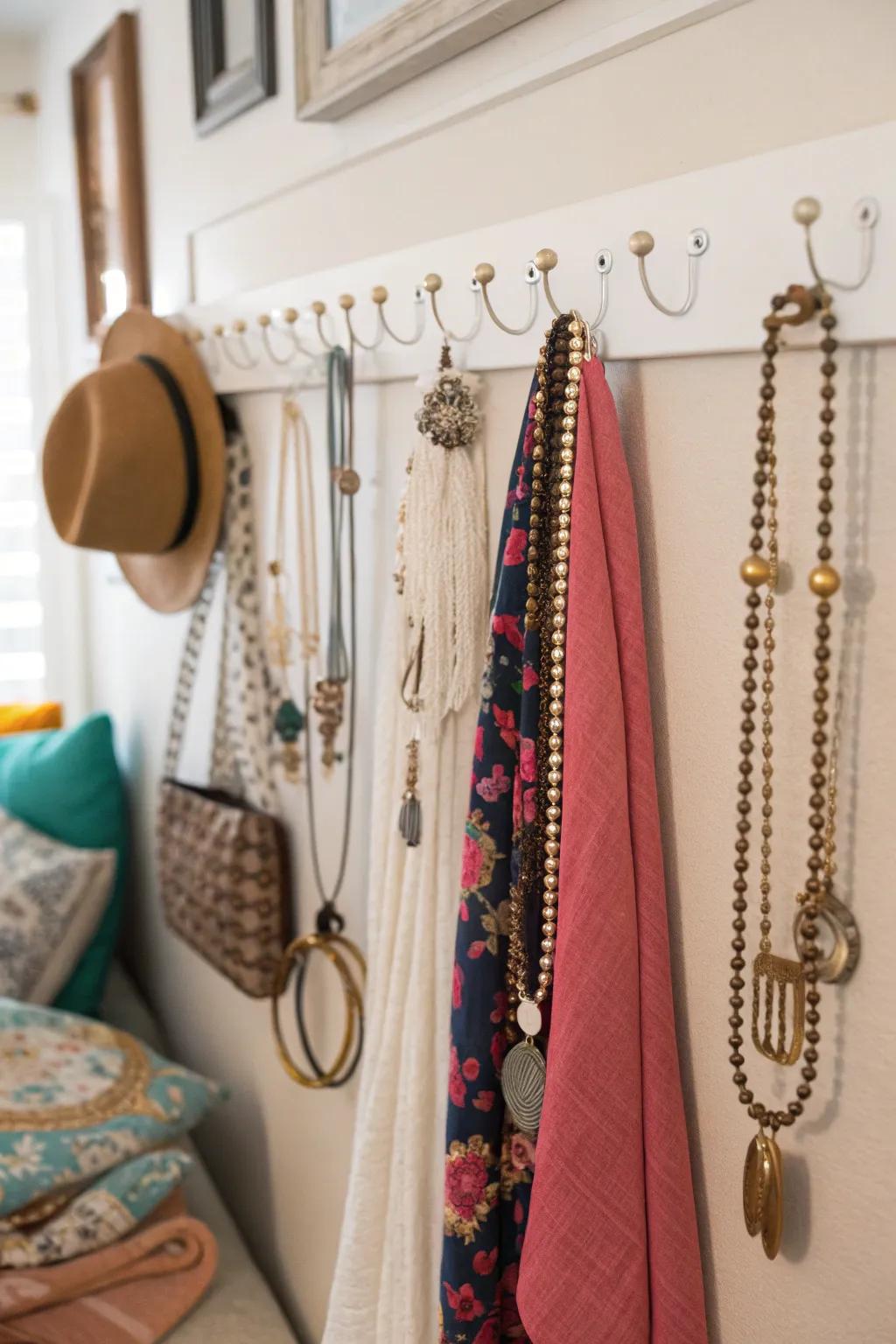 Keep your accessories organized and on display with wall hooks.