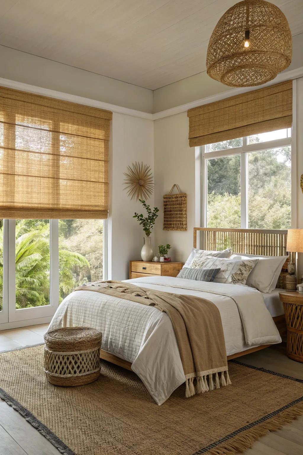 Bamboo shades add a warm, natural touch to bedroom decor.