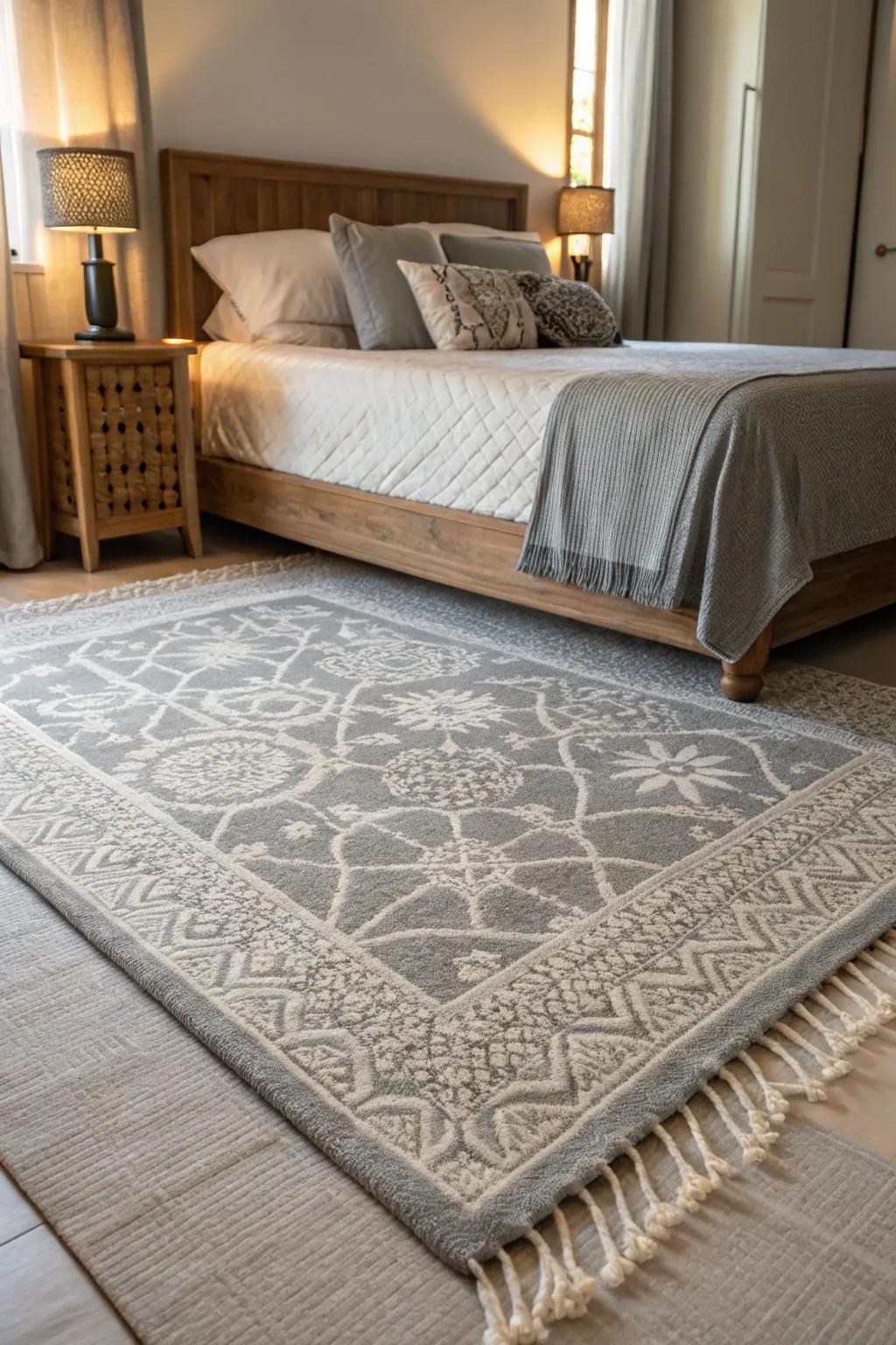 A grey rug grounding the space with texture.