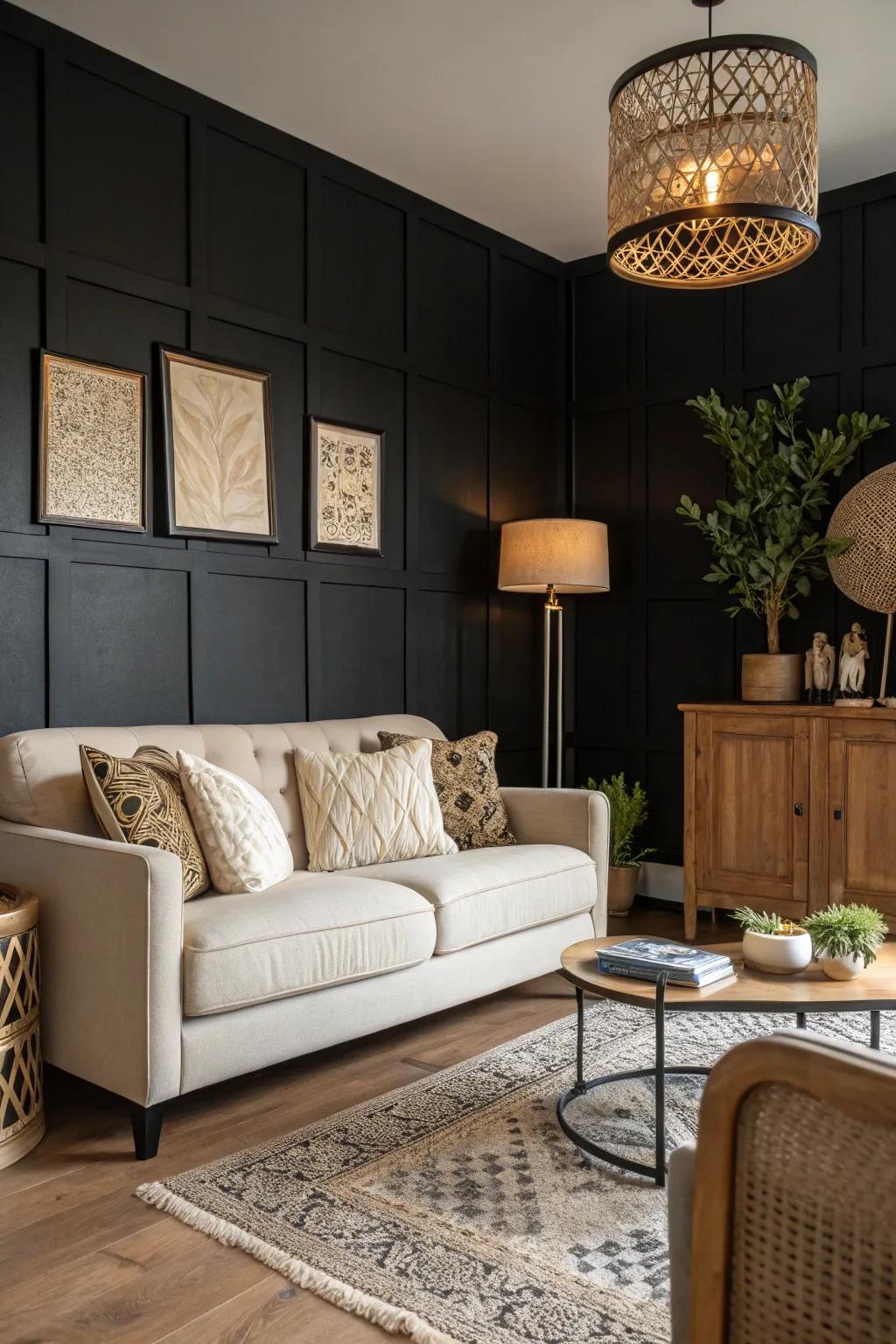 A black accent wall adds modern sophistication and depth.