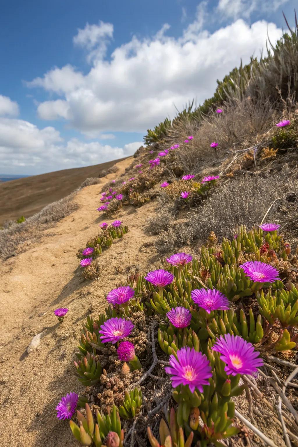 Purple Ice Plant thrives in dry conditions and adds vivid color.