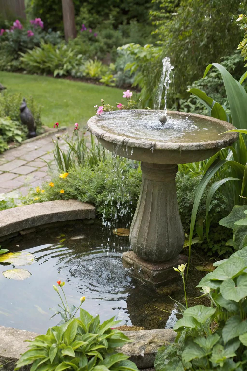 A bird bath enhanced with a gentle water feature.