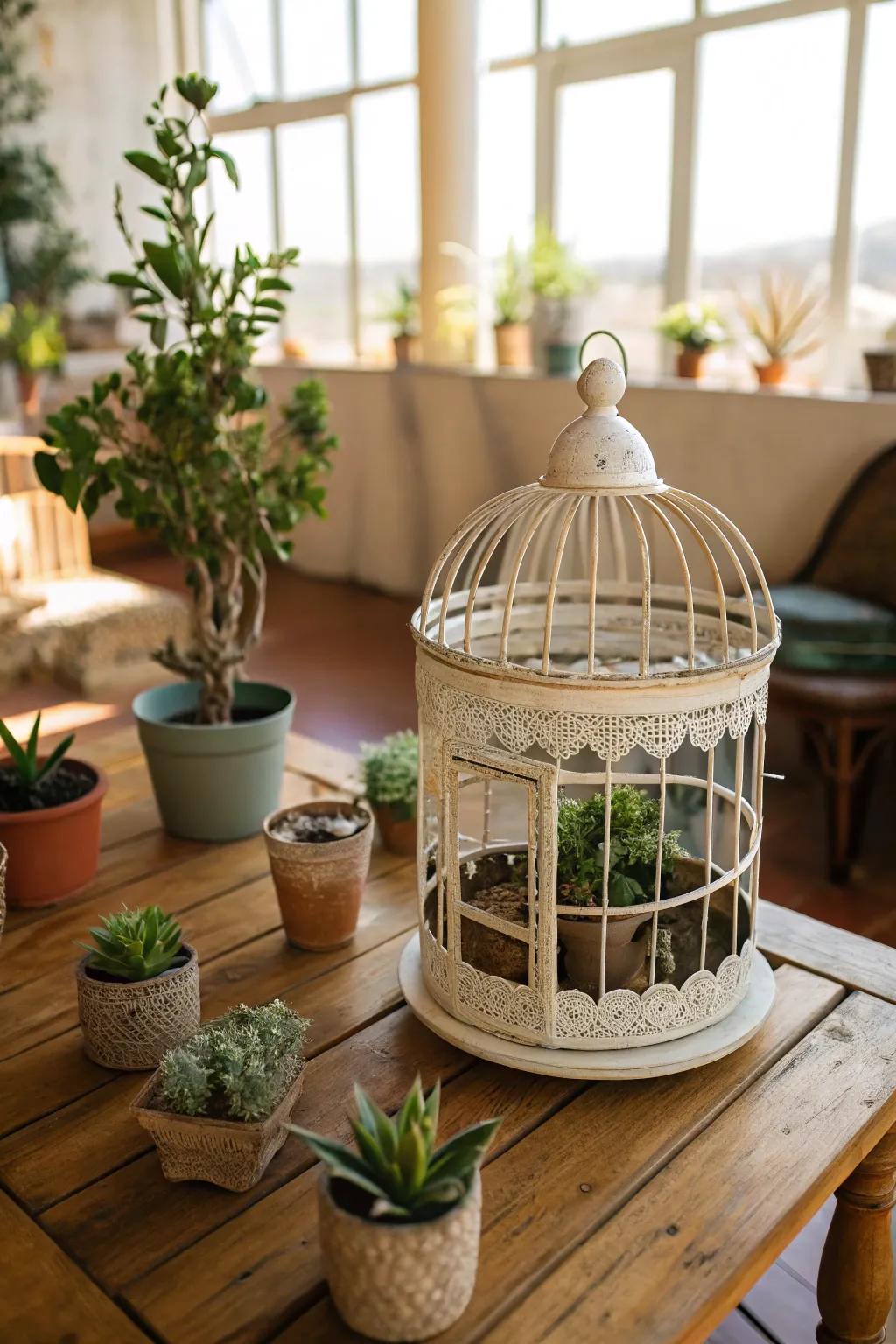 A bird cage transformed into a mini garden centerpiece.