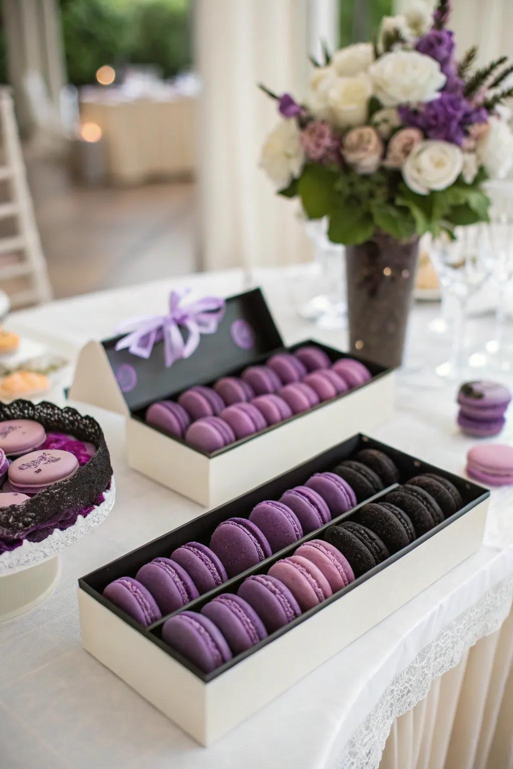 Unique wedding favors of black and purple macarons.