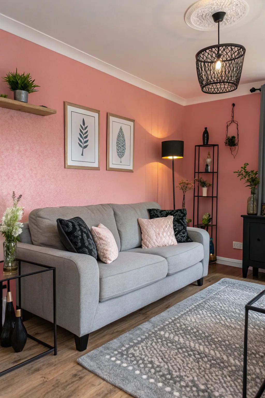 A pink accent wall creates a vibrant focal point.