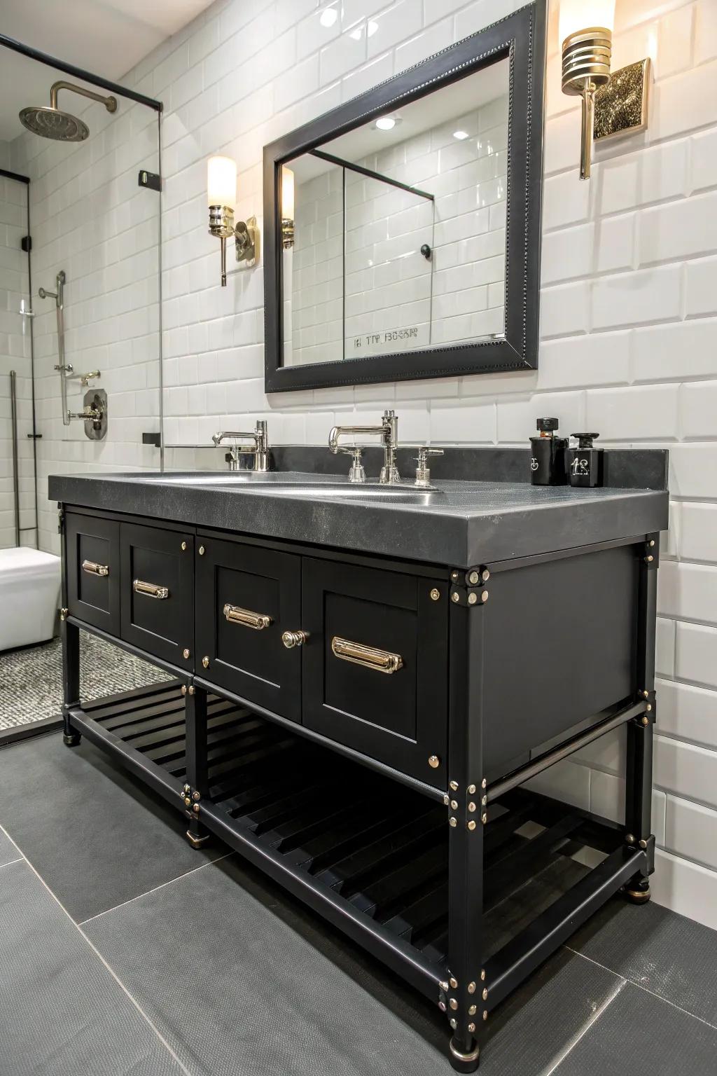 Industrial metal fixtures paired with a black vanity create a chic, urban bathroom vibe.