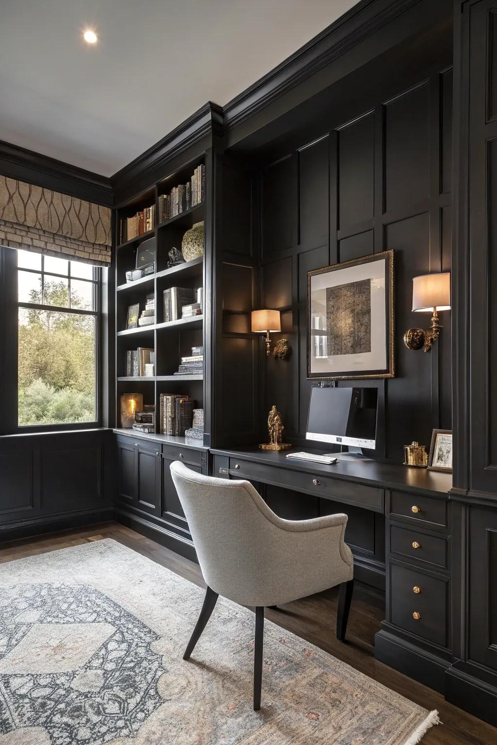 Home office with character-enhancing black wainscoting.