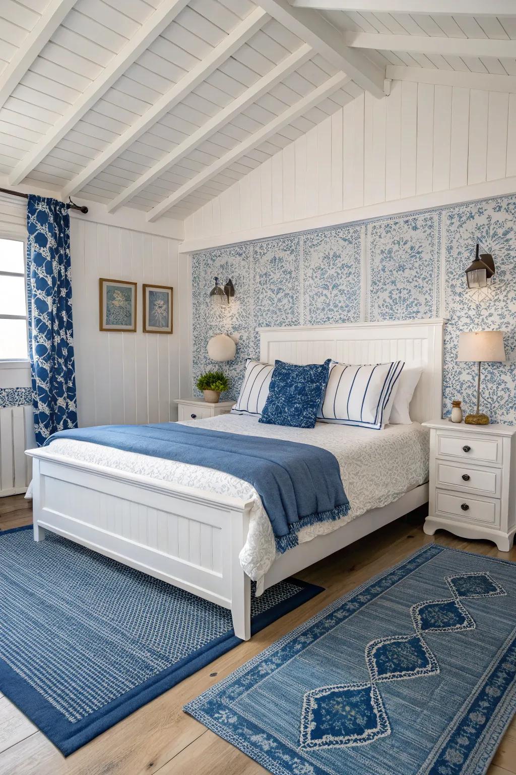 Layered textures add depth and comfort to a blue and white bedroom.