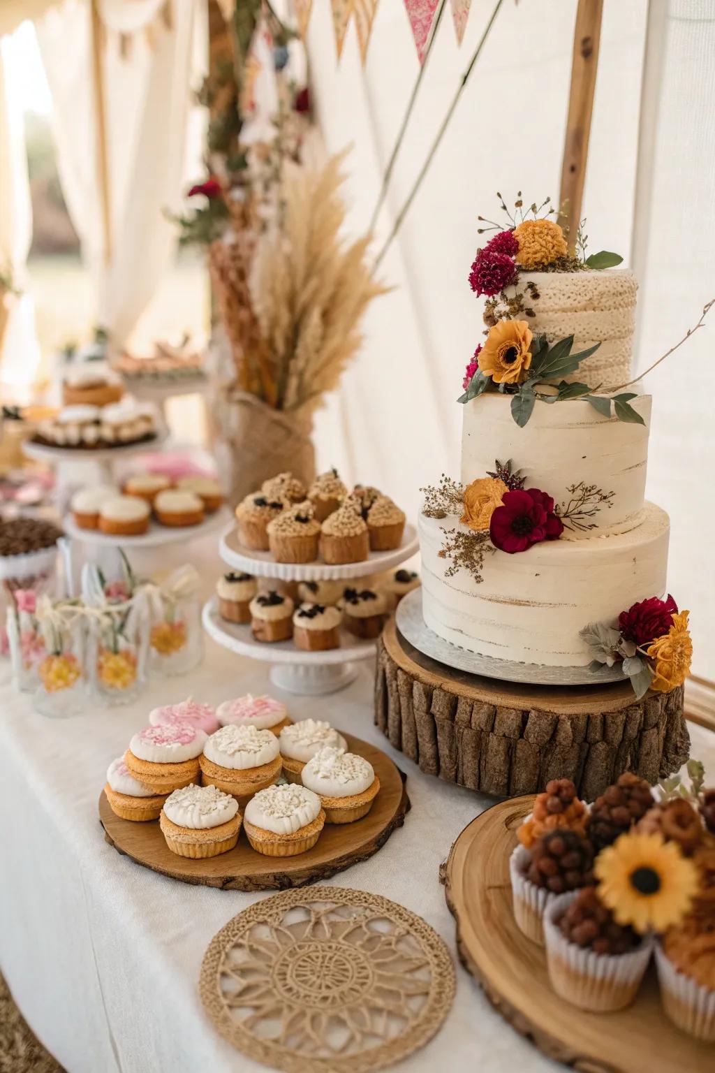 A dessert table with natural elements is a feast for the eyes.