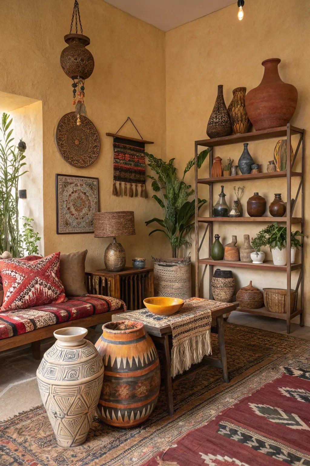 A display of unique handcrafted items in a bohemian setting.