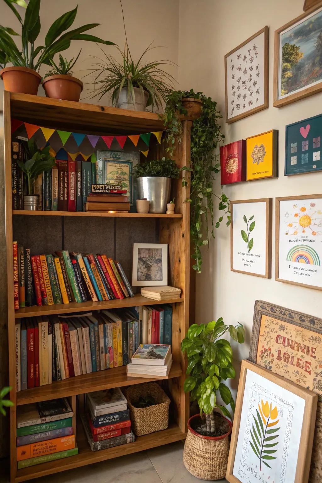 Mixed media on bookshelves for a vibrant display.