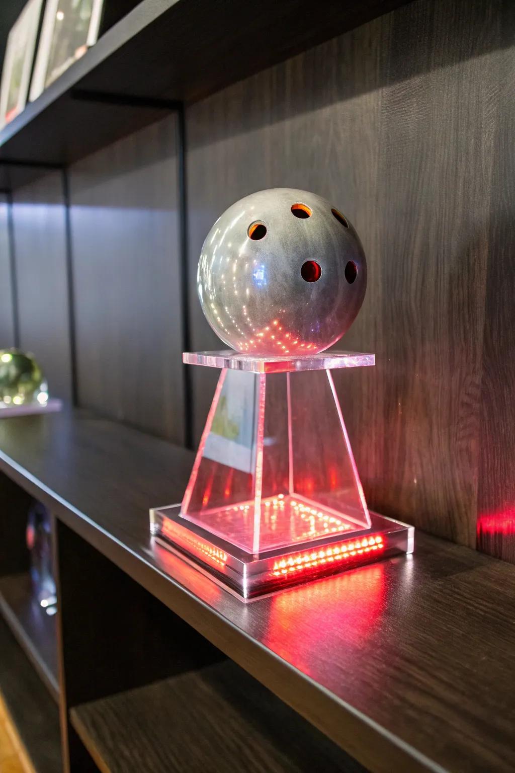 A modern acrylic bowling ball trophy with LED base.