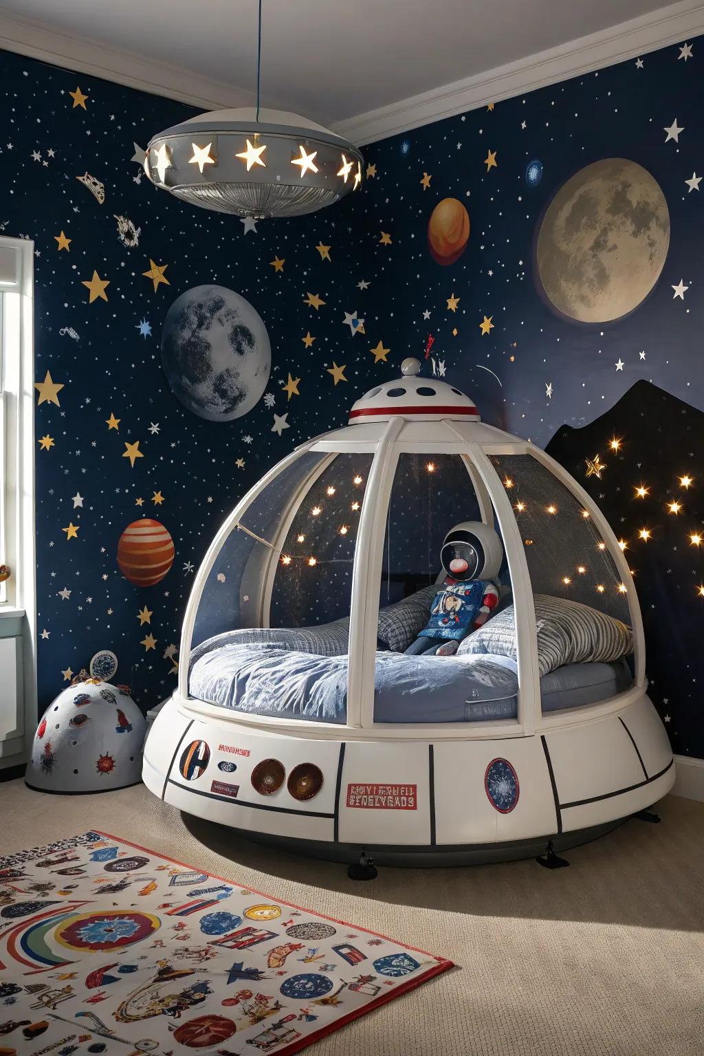 Blast off to sleep in an astronaut's capsule canopy bed.