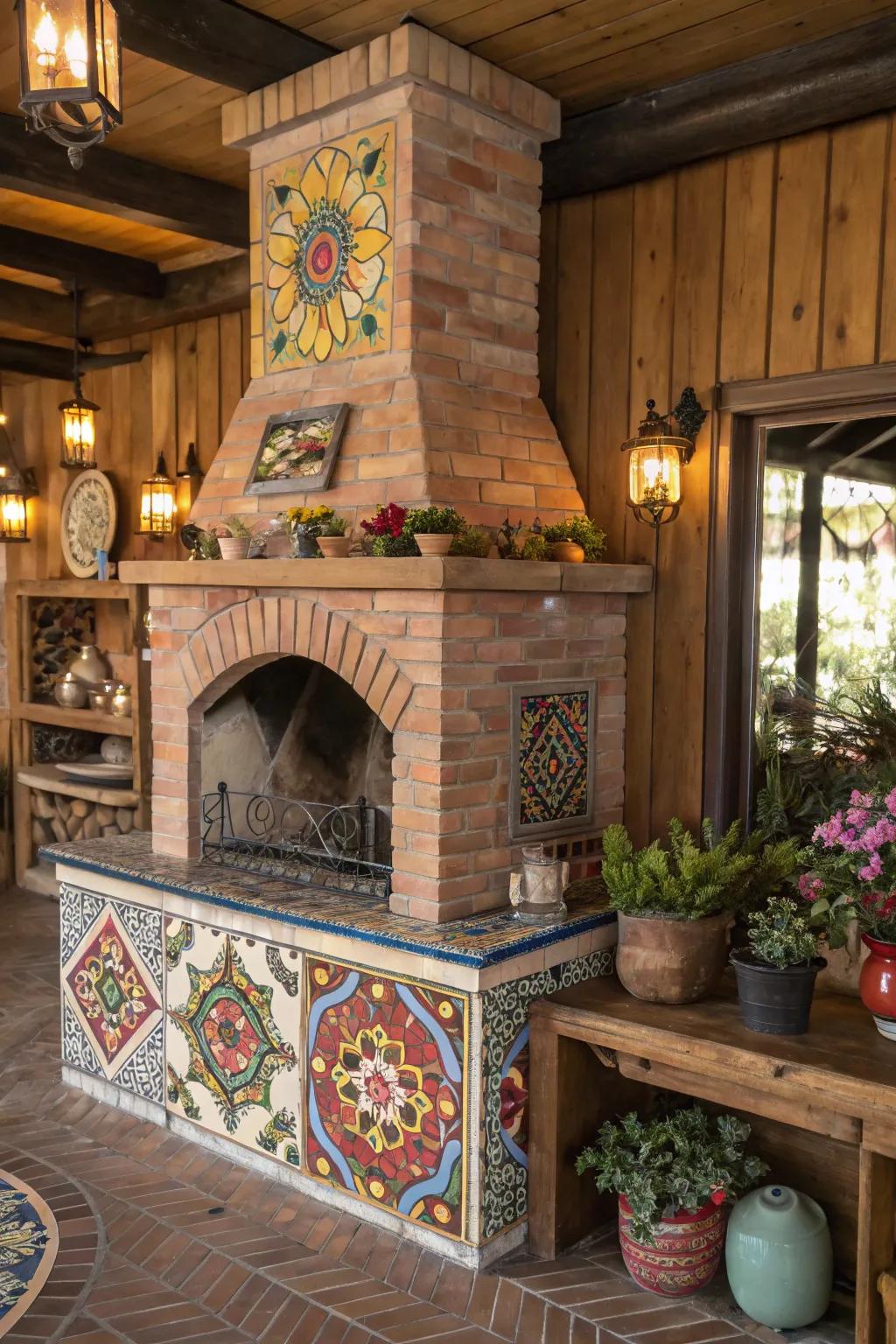 A brick hearth adorned with colorful mosaic tiles for an artistic touch.