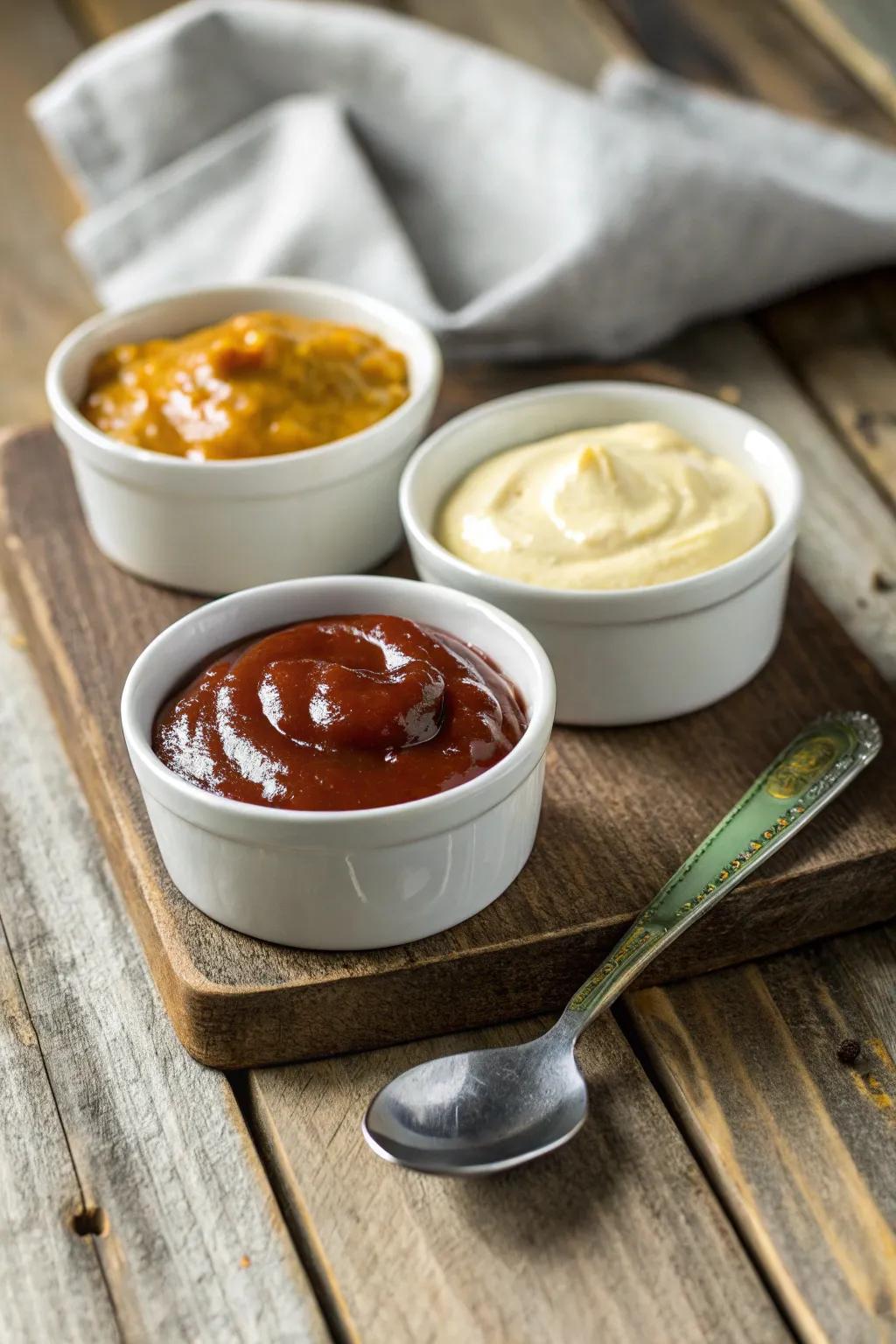 A trio of sauces for personalized flavor enhancement.