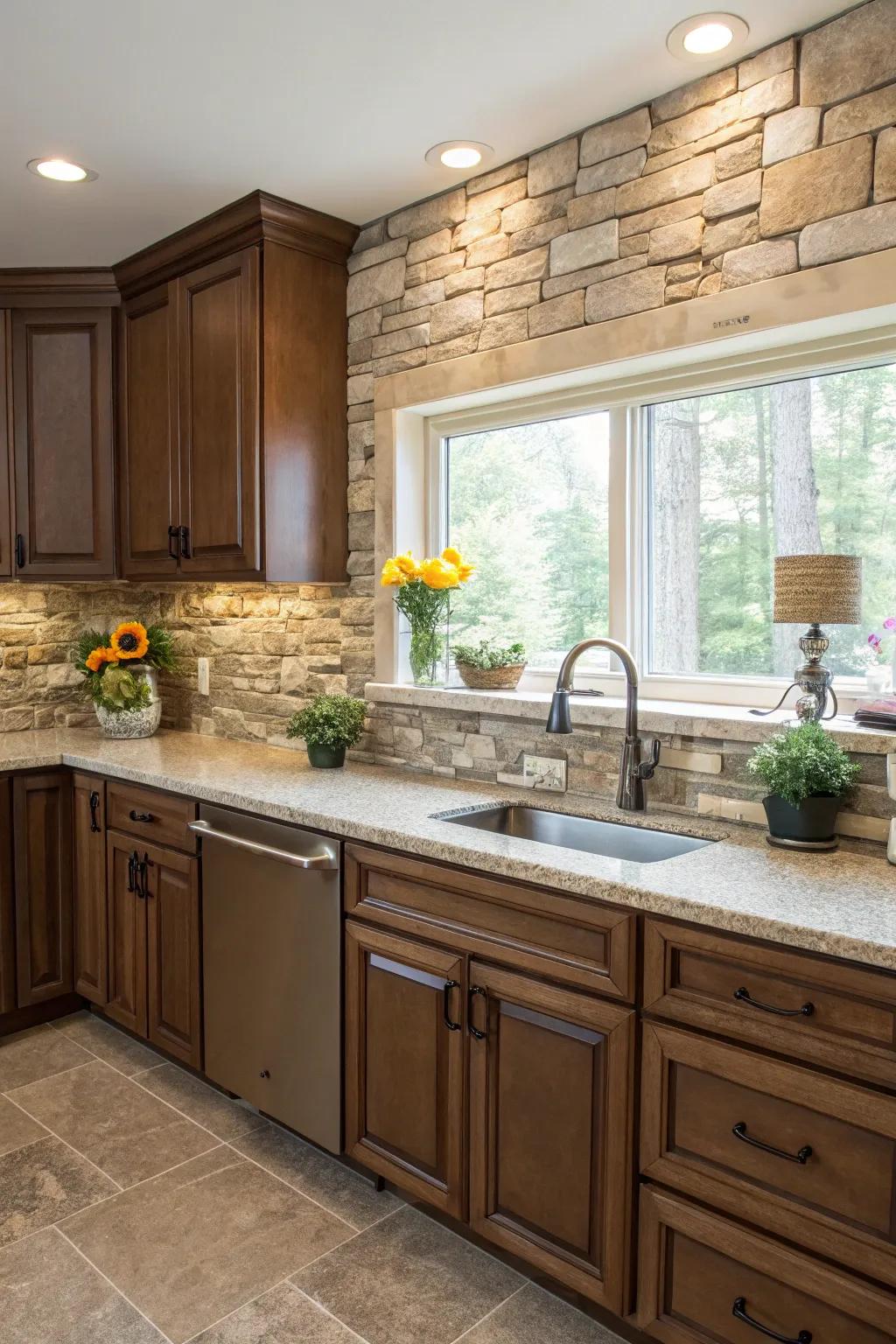 Earthy textures like stone enhance the natural warmth of brown.