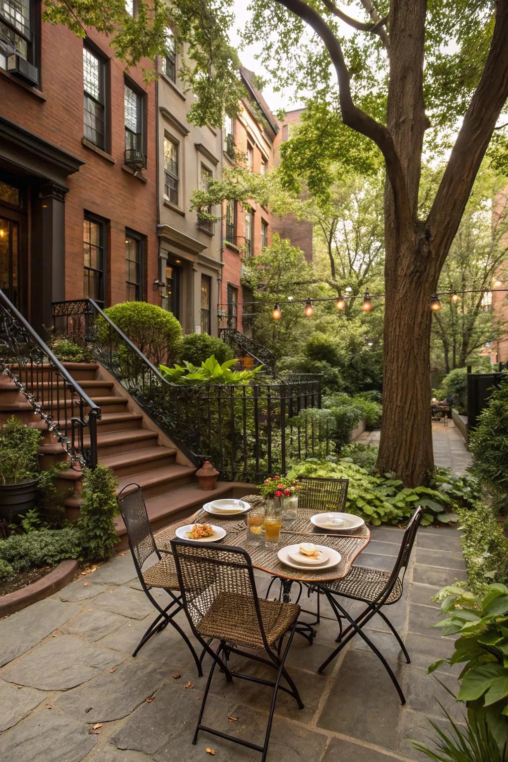 An outdoor dining area offers a perfect setting for meals under the stars.