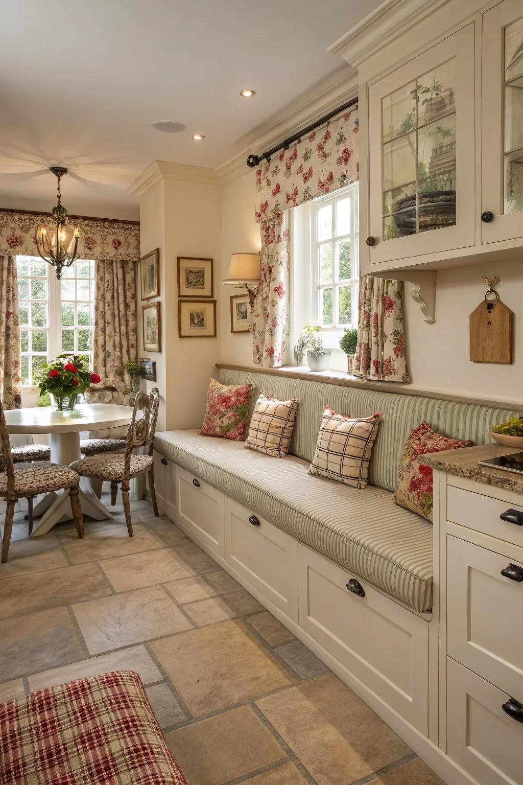 Vintage vibes in a kitchen with charming banquette seating.