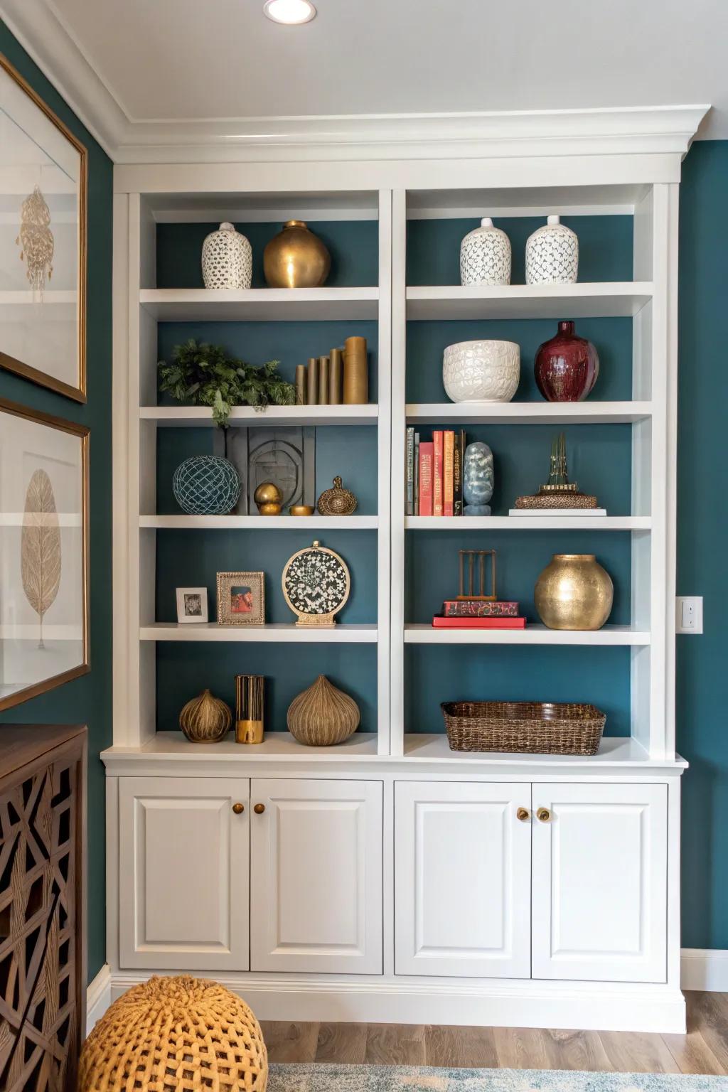 A contrasting backdrop can make items on built-in shelves stand out.
