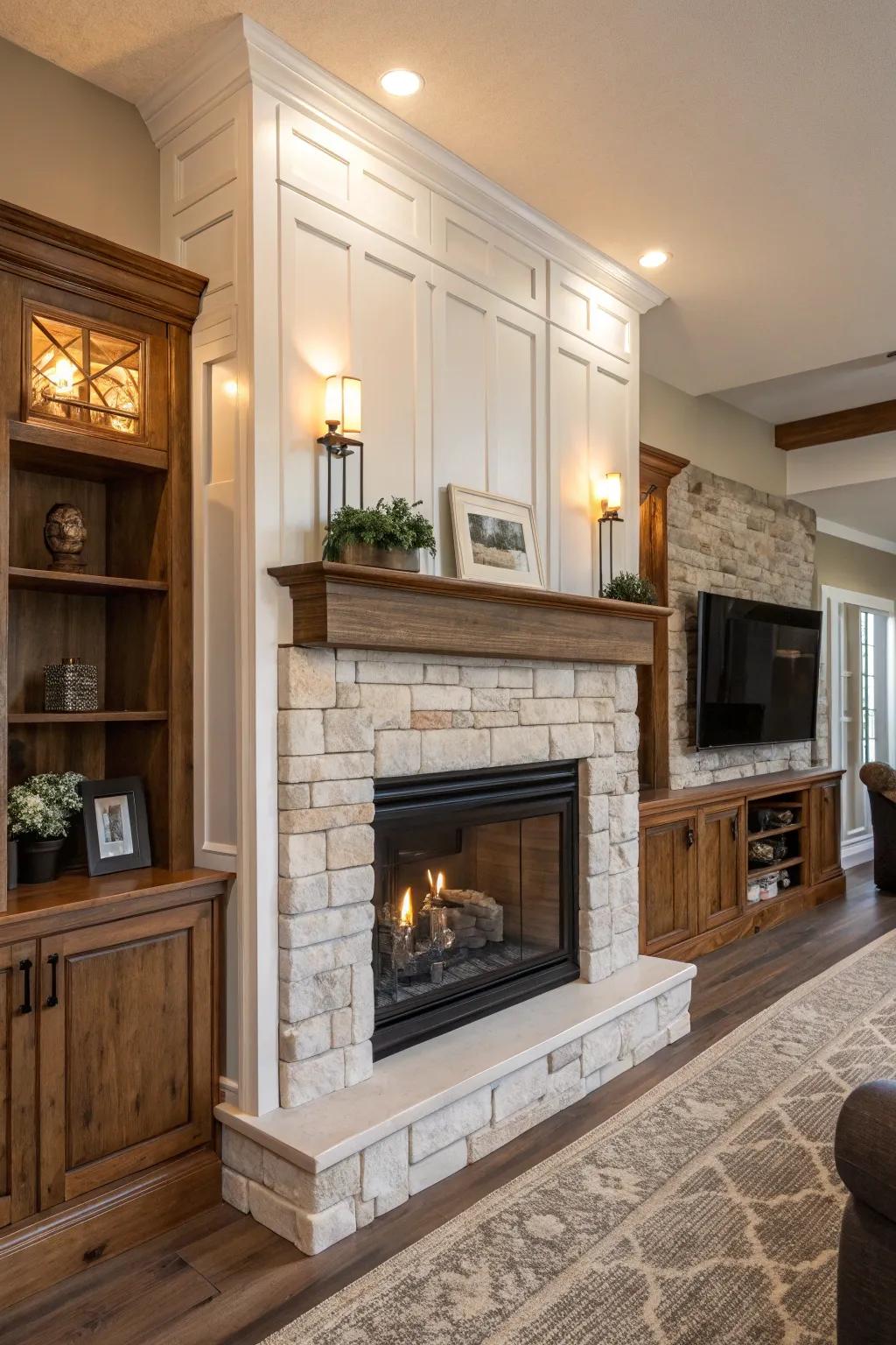 A blend of styles transforms the fireplace into a unique focal point.