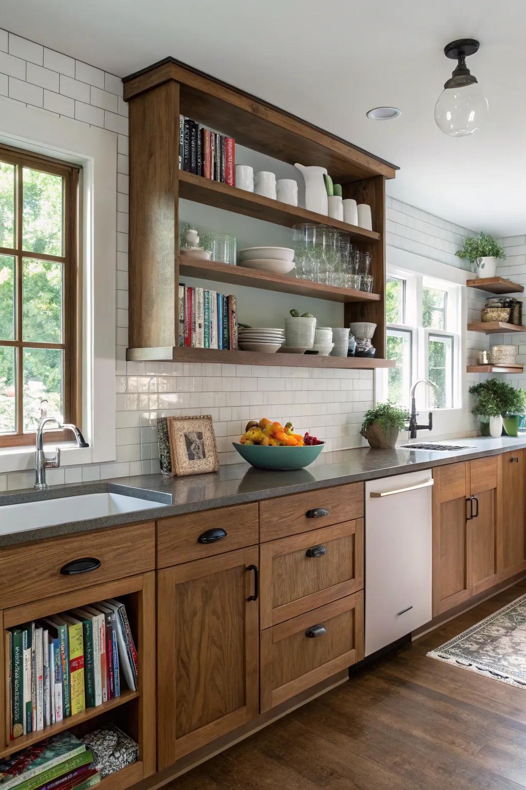 A bungalow kitchen featuring a mix of traditional cabinets and open shelving.