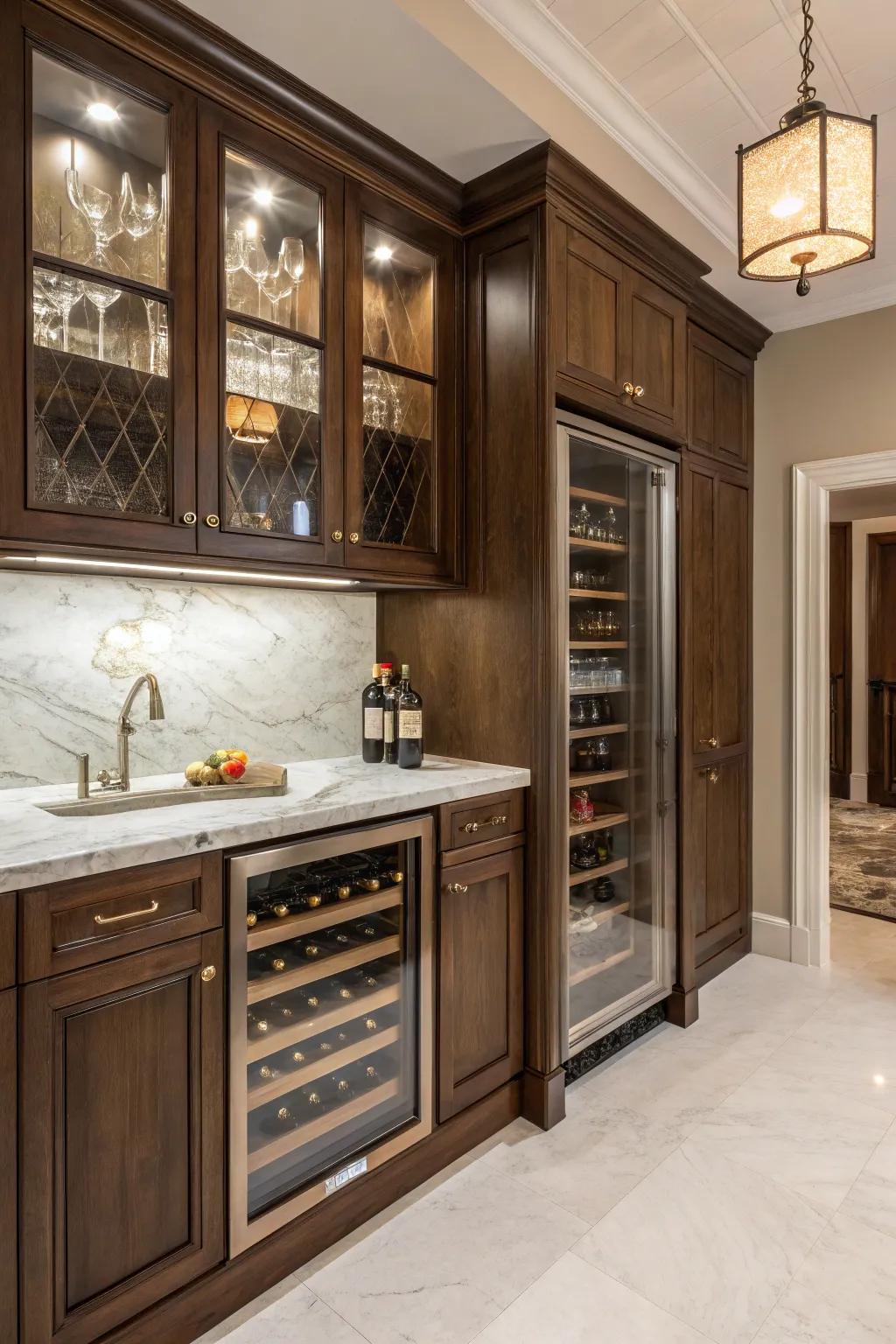 A luxurious butler's pantry featuring a built-in wine cooler for entertaining.