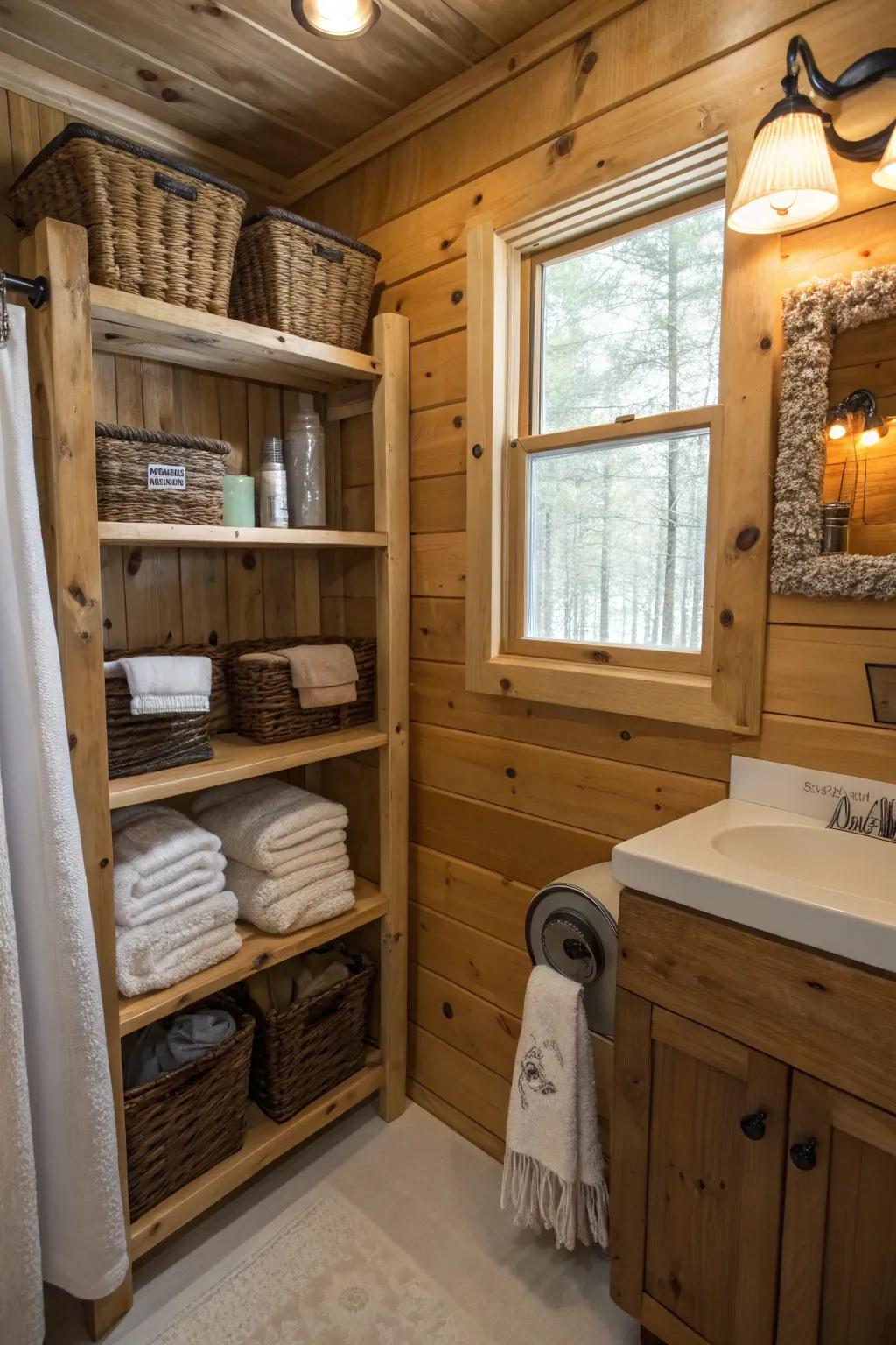 A cabin bathroom showcasing functional design with wooden shelves.