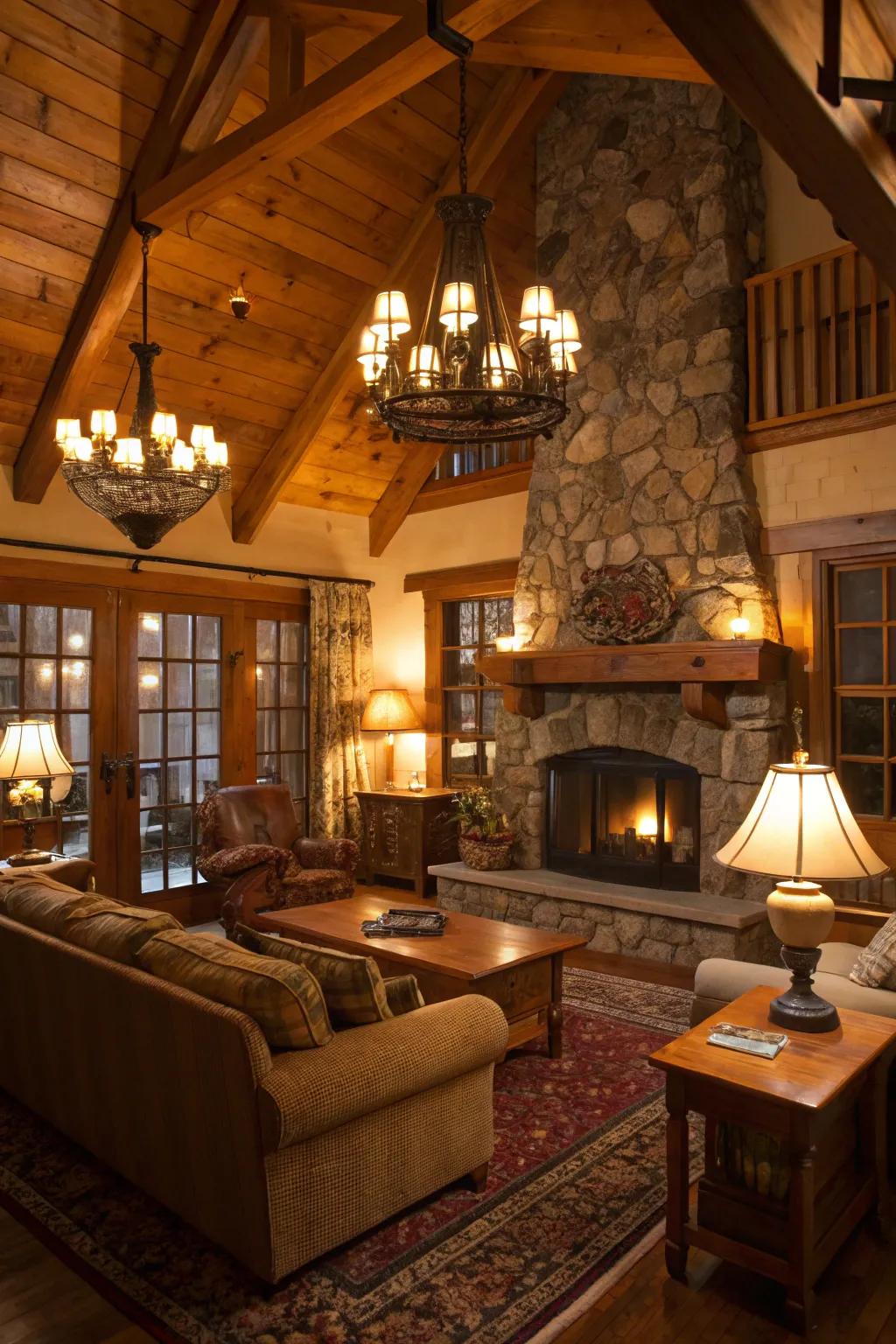 Warm lighting that adds depth and coziness to the cabin interior.