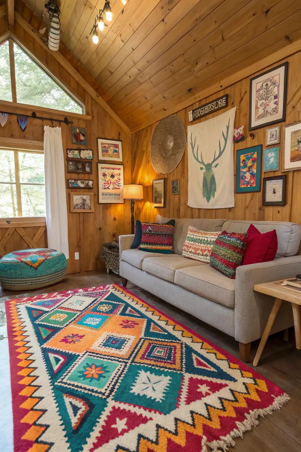 Eclectic decor adds personality and warmth to the cabin's interior.