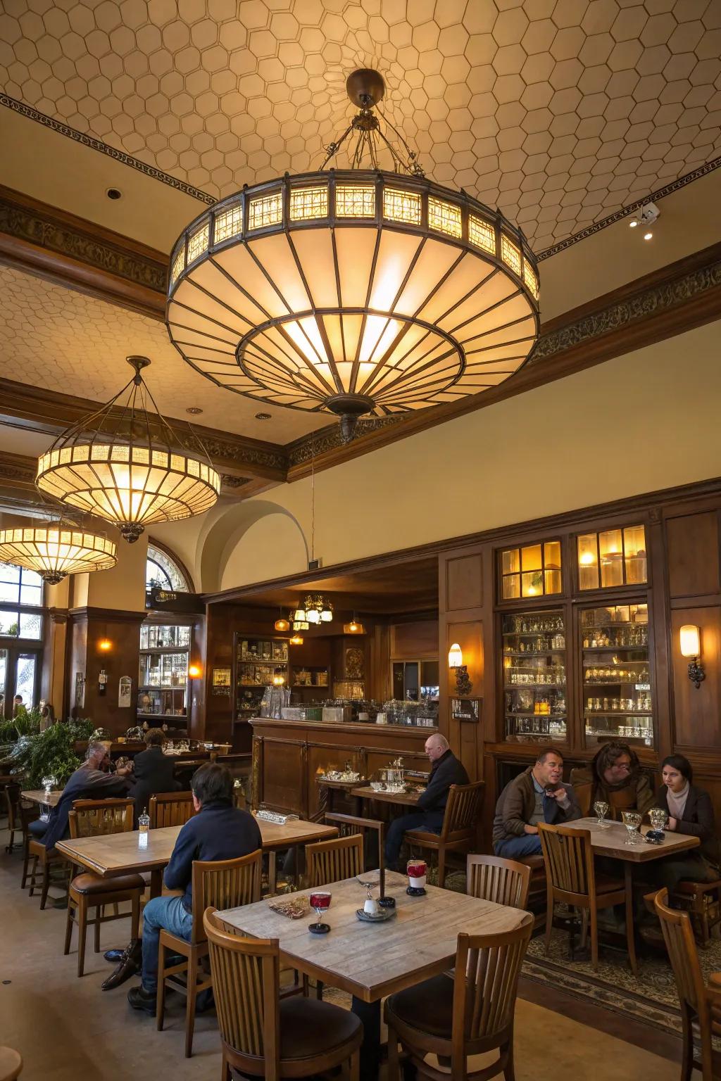 A cafe featuring a stunning ceiling fixture that adds drama and style.