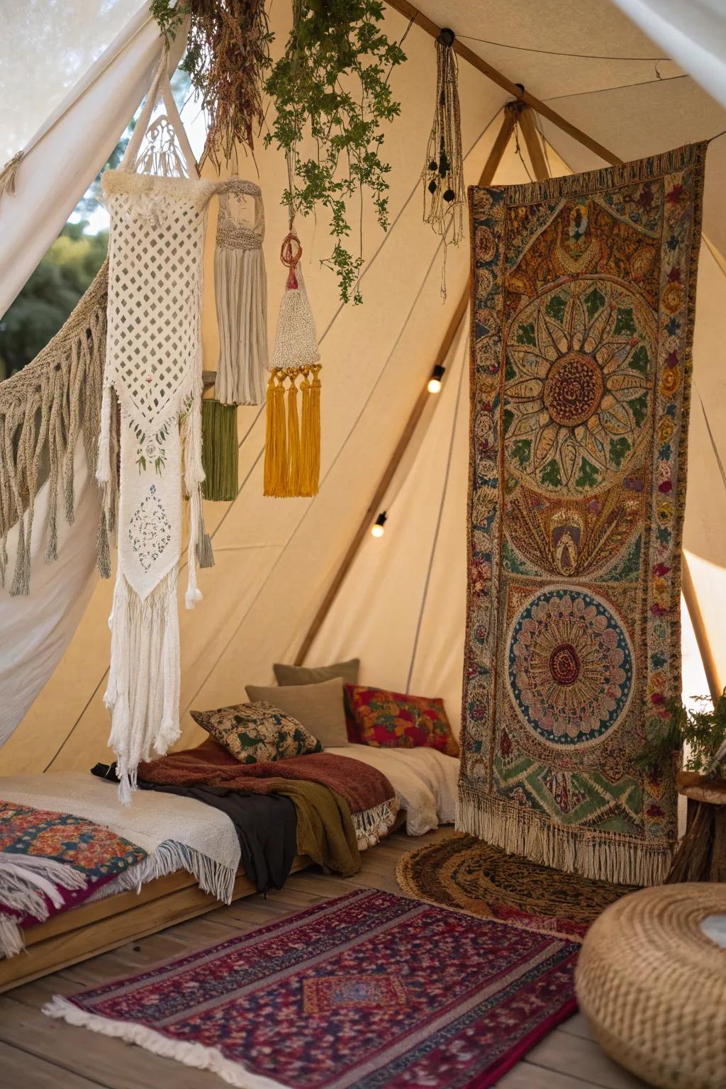 Add boho accents for a vibrant and eclectic tent interior.