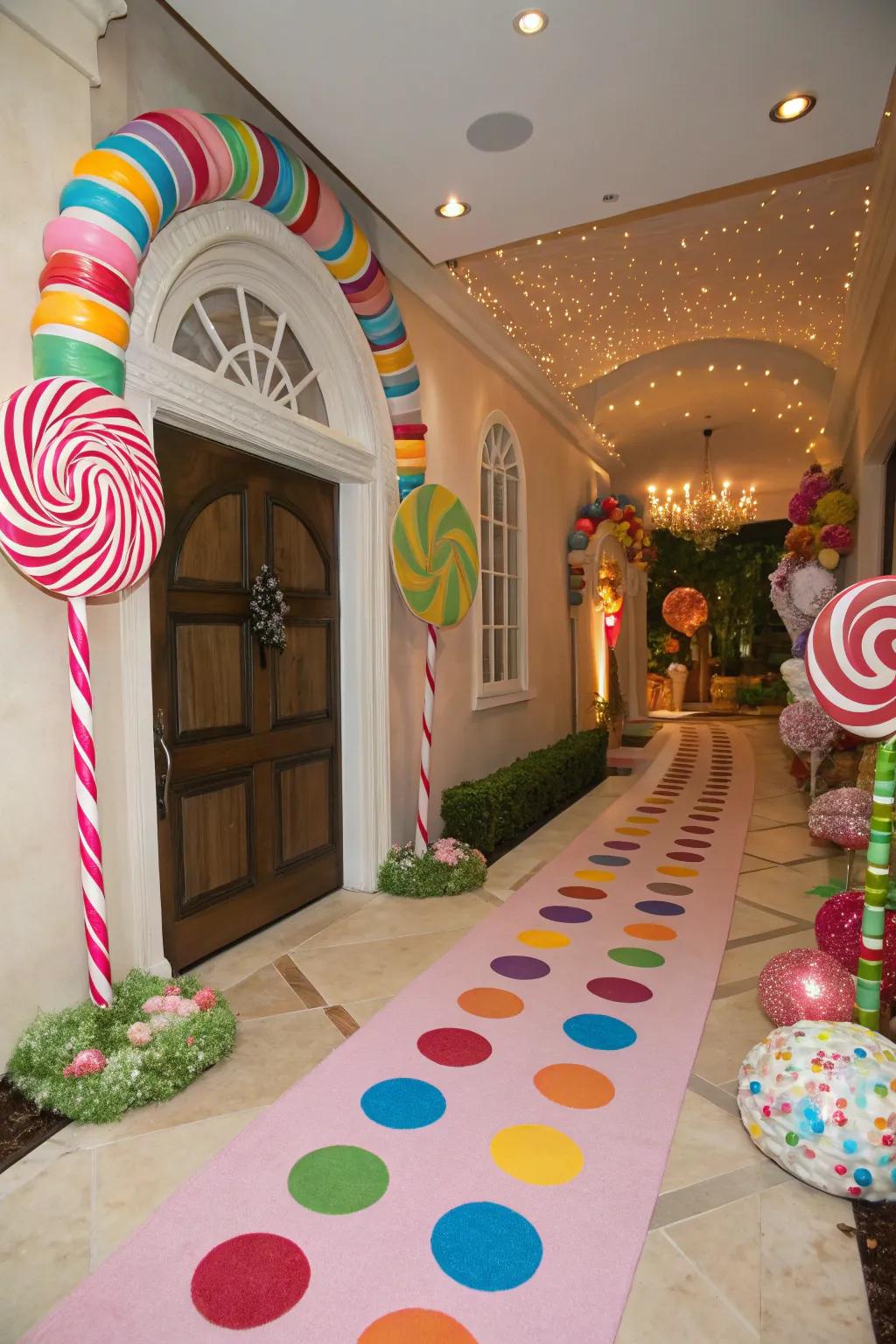 A candy-themed entrance welcomes guests to a sweet adventure.