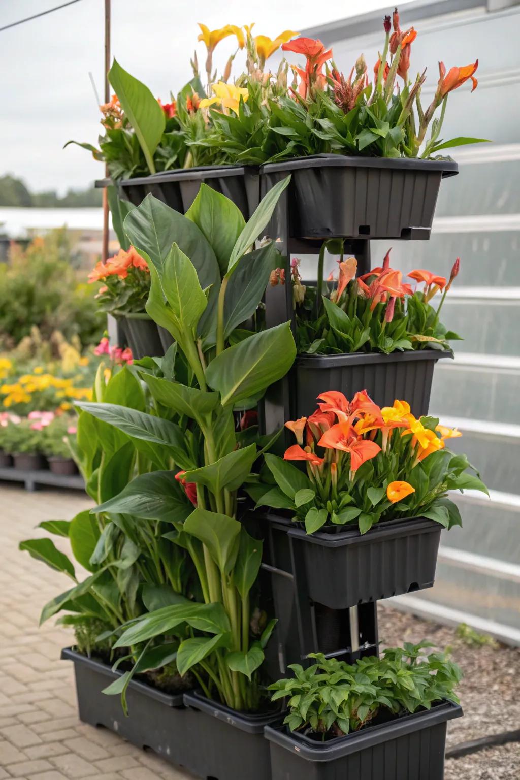 Add vertical interest with canna lilies.