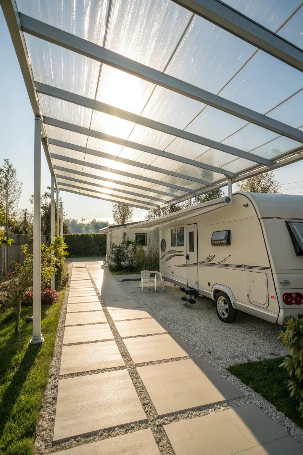 Transparent panels create a bright and inviting carport.