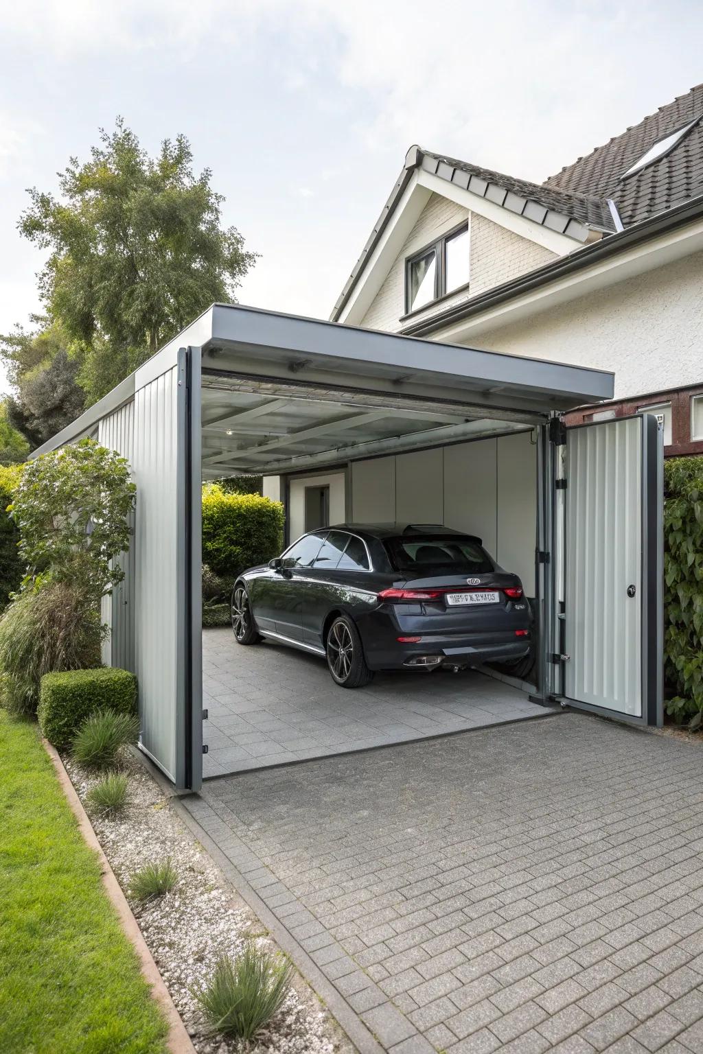 A carport showcasing bi-fold doors for a compact and efficient design.