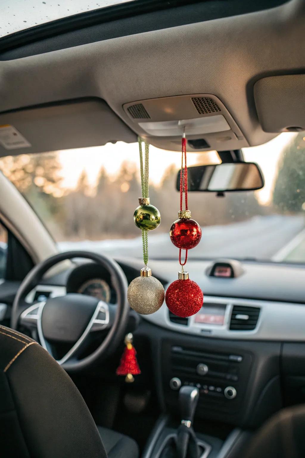 A cozy car interior with festive ornaments for a touch of Christmas cheer.