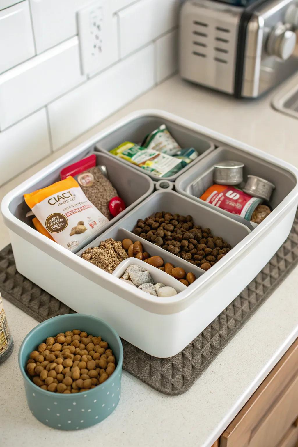 Multi-compartment container for organized cat supplies.