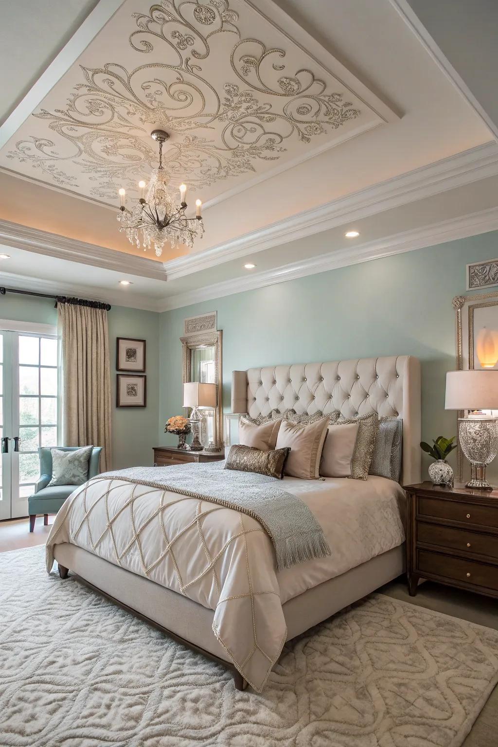 Layered tray ceilings enhance the room's depth and elegance.