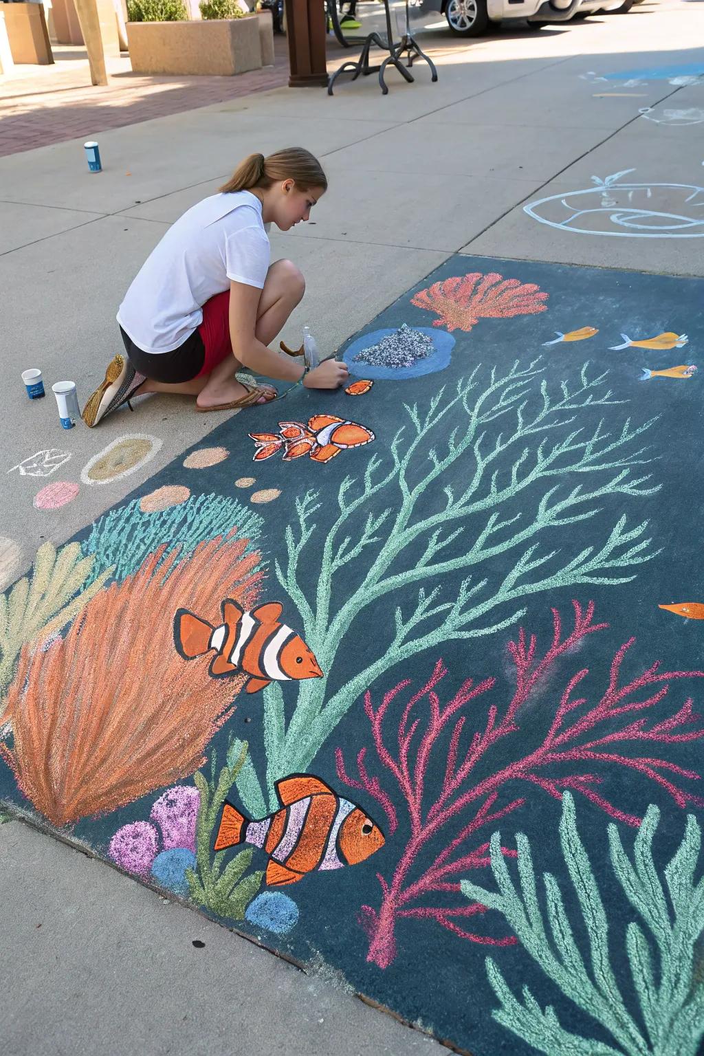 An aquatic chalk masterpiece featuring an underwater world.