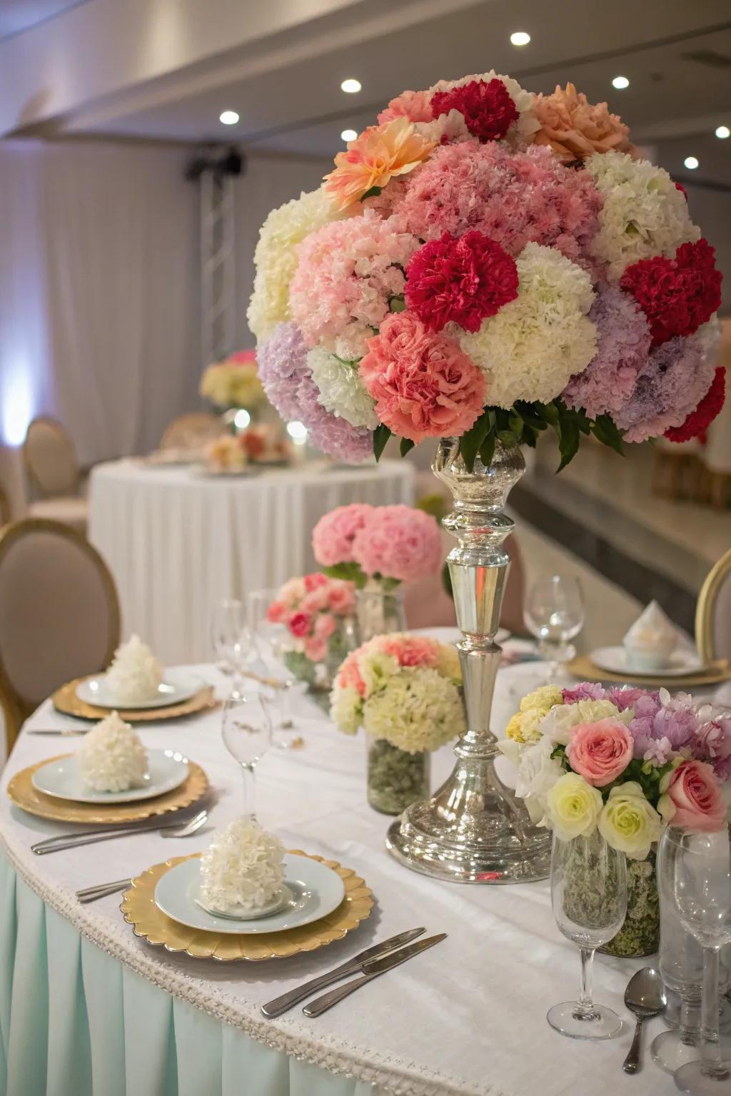 Carnations adding beauty and affordability to a wedding table arrangement.