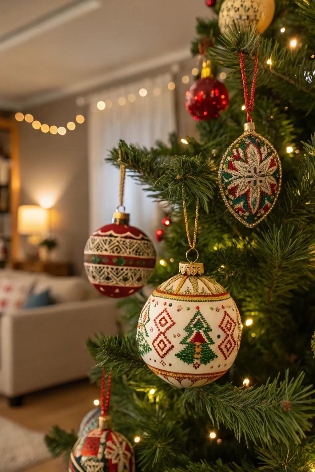 Ornaments reflecting cultural heritage on a Christmas tree.