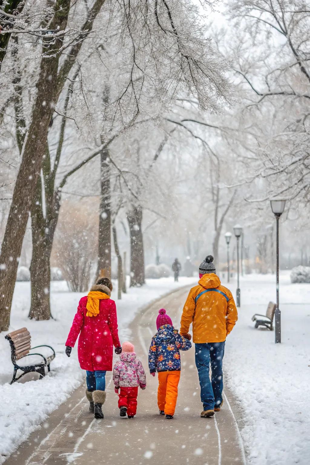 A family walk in a winter wonderland.