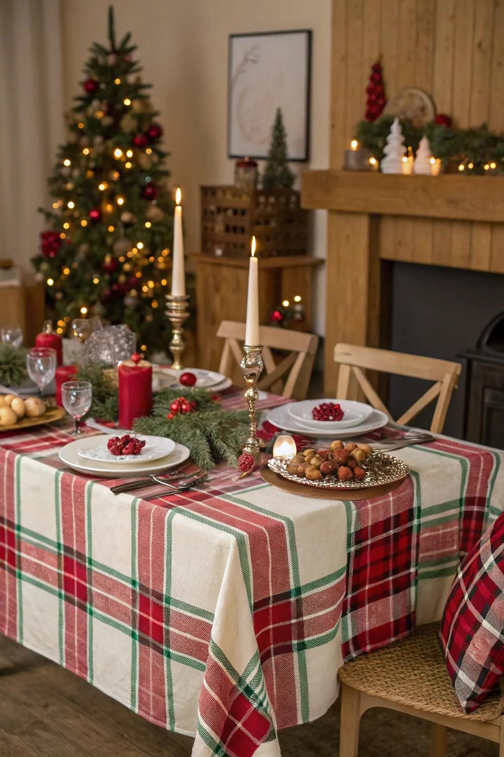 Plaid textiles offer a timeless holiday charm.