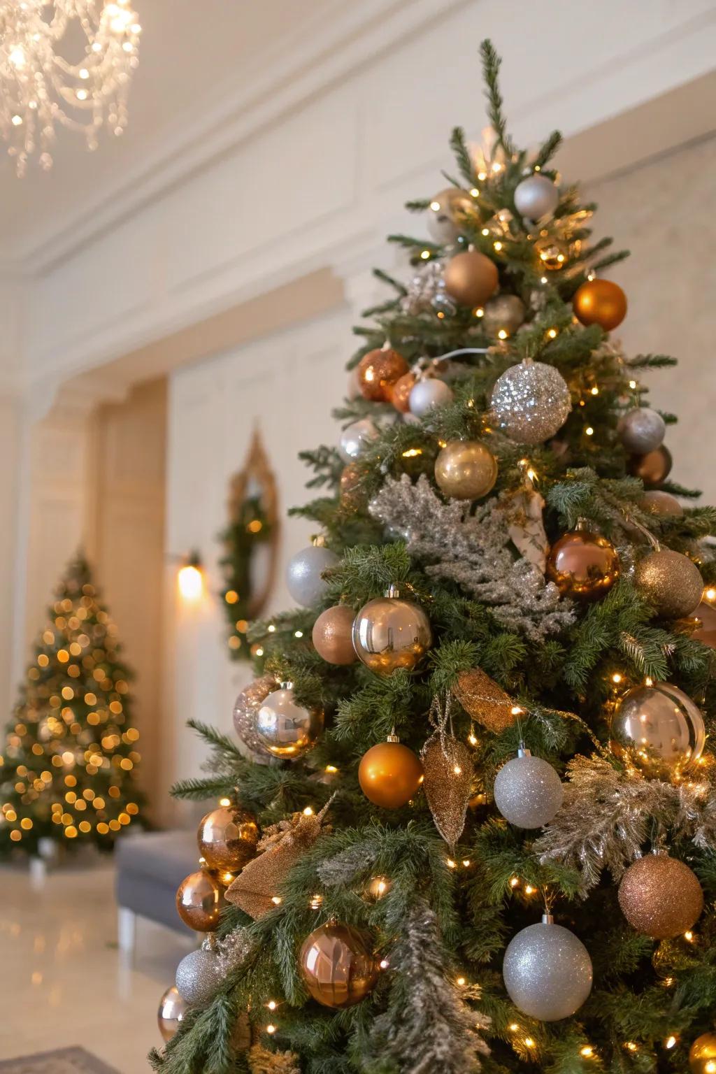 A glamorous metallic Christmas tree shimmering with elegance.