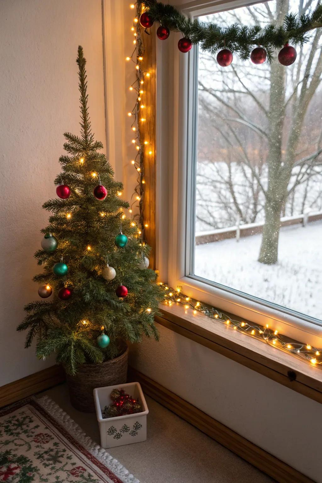 A small Christmas tree adds a traditional touch to the window display.